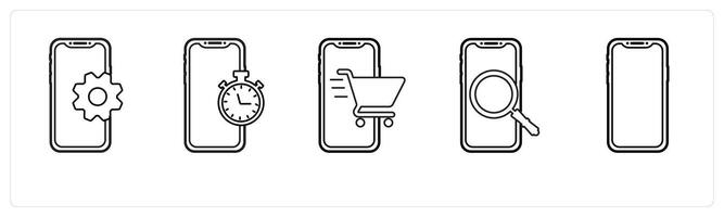 A set of 5 mobile icons as mobile setting, mobile watch, m shopping in black line color vector
