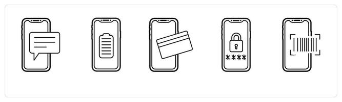 A set of 5 mobile icons as mobile chat, mobile battery, mobile payment in black line color vector