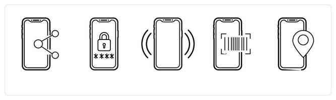 A set of 5 mobile icons as mobile share, mobile security, mobile network in black line color vector