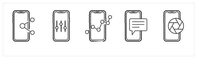 A set of 5 mobile icons as mobile share, mobile setting, mobile analysis in black line color vector