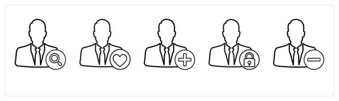A set of 5 profile icons as search profile, favorite profile, add profile in black line color vector