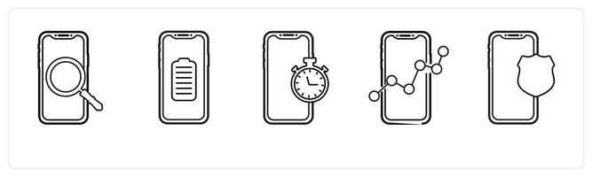 A set of 5 mobile icons as mobile search, mobile battery, mobile watch in black line color vector