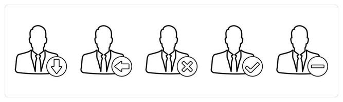 A set of 5 profile icons as download profile, receive profile, delete profile in black line color vector