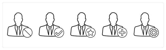 A set of 5 profile icons as received profile, verified profile, favorite profile in black line color vector