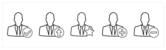 A set of 5 profile icons as verified profile, upload profile, favorite profile in black line color vector