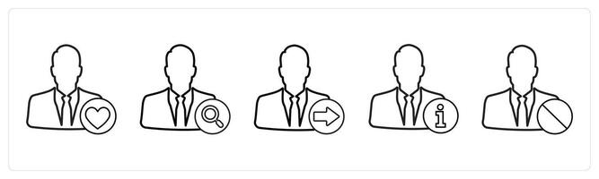 A set of 5 profile icons as favorite profile, search profile, send profile in black line color vector