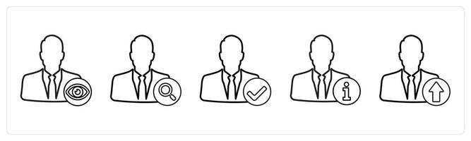 A set of 5 profile icons as favorite profile, search profile, verified profile in black line color vector