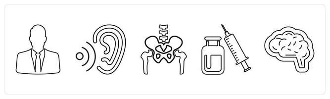 A set of 5 medical icons as man, otology, pelvic bone in black line color vector