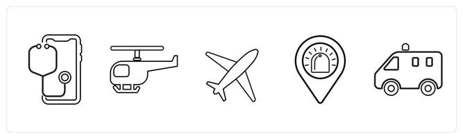 A set of 5 medical icons as mobile health care, air medical services, ambulance location in black line color vector