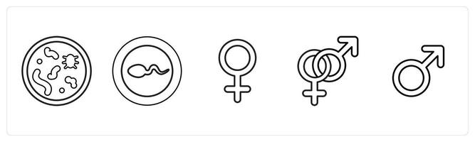 A set of 5 medical icons as bacteria, sperm, female symbol in black line color vector