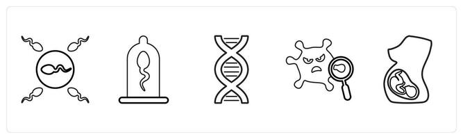 A set of 5 medical icons as sperm and egg, protection, dna in black line color vector