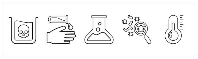 A set of 5 medical icons as danger, alert, laboratory in black line color vector
