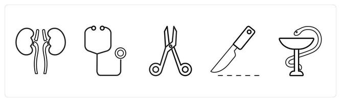 A set of 5 medical icons as pulmonology, stethoscope, bandage scissors in black line color vector
