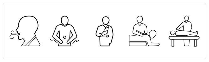 A set of 5 medical icons as extreme fatigue, diarrhea, broken arm in black line color vector