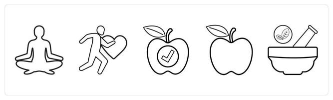 A set of 5 medical icons as yoga, exercise, patient food in black line color vector