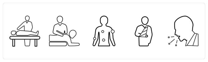 A set of 5 medical icons as patient visitor, physical medicine, symptom checker in black line color vector