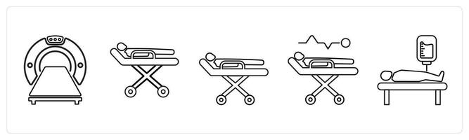 A set of 5 medical icons as computer tomography, stretcher, medical treatment in black line color vector