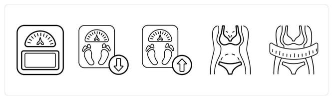 A set of 5 medical icons as weight management, weight loss, weight increase in black line color vector