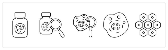 A set of 5 medical icons as medication, search for drug, biochemistry in black line color vector