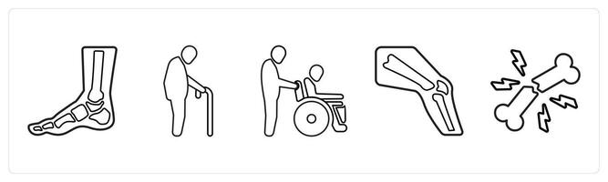A set of 5 medical icons as numbness and tingling in feet, geriatrics, handicapped patient in black line color vector