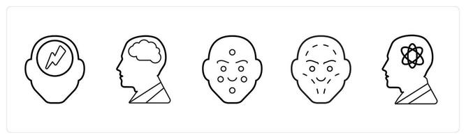 A set of 5 medical icons as headache, neurology, dermatology in black line color vector