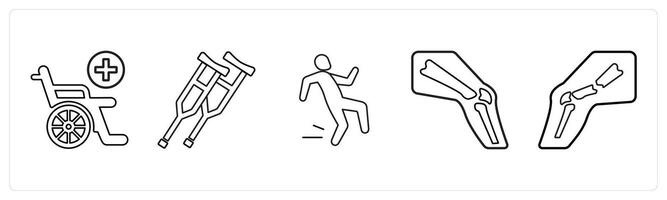 A set of 5 medical icons as wheelchair, crutches, accident in black line color vector