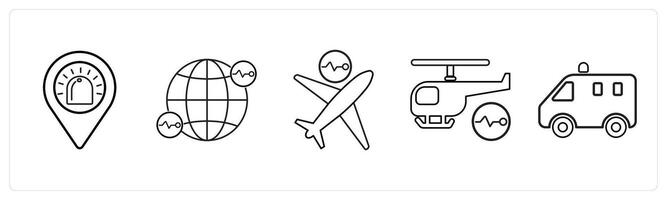 A set of 5 medical icons as ambulance location, global medical service, air medical services in black line color vector