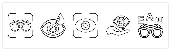 A set of 5 medical icons as opticianry, optometry, eye scan in black line color vector