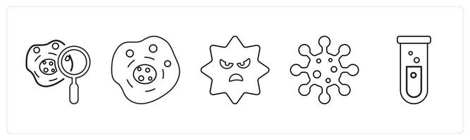 A set of 5 medical icons as biochemistry, human cell, virus in black line color vector