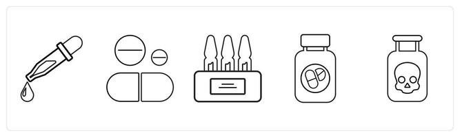 A set of 5 medical icons as chemical dropper, pills, ampoule in black line color vector