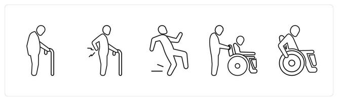 A set of 5 medical icons as geriatrics, chronic pain, accident in black line color vector