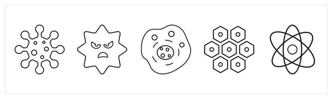 A set of 5 medical icons as infection, virus, human cell in black line color vector