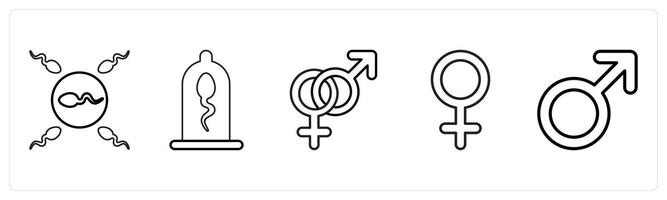 A set of 5 medical icons as sperm and egg, protection, gender symbols in black line color vector