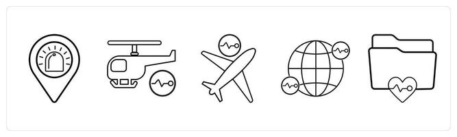 A set of 5 medical icons as ambulance location, air ambulance, air medical services in black line color vector