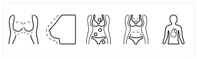 A set of 5 medical icons as breast augmentation, breadt blackuction, symptom checker in black line color vector