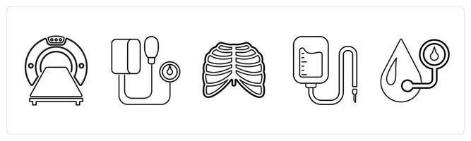 A set of 5 medical icons as computer tomography, blood pressure kit, radiology in black line color vector