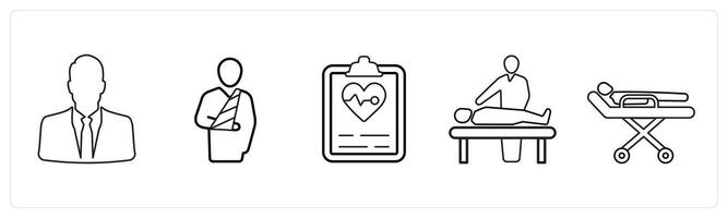 A set of 5 medical icons as man, broken arm, medical report in black line color vector