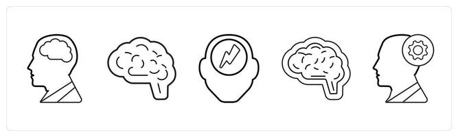 A set of 5 medical icons as neurology, human brain, headache in black line color vector