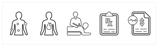 A set of 5 medical icons as symptom checker, internal bleeding, physical medicine in black line color vector