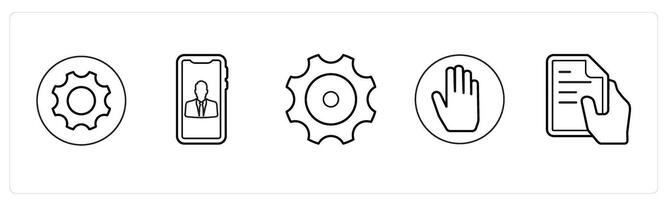 A set of 5 mix icons as settings, mobile account, raise hand in black line color vector