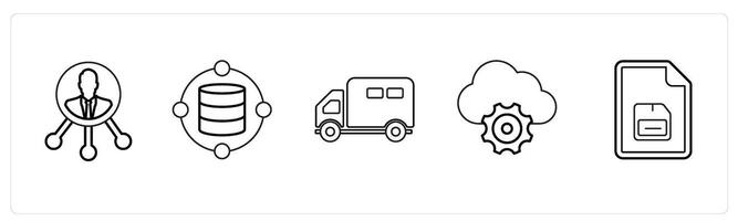 A set of 5 mix icons as profile connectivity, data, van in black line color vector