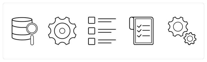 A set of 5 mix icons as search, gear, list in black line color vector