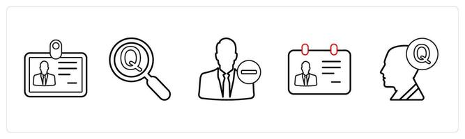 A set of 5 mix icons as id, question, remove account in black line color vector