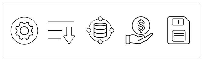 A set of 5 mix icons as settings, download, data in black line color vector