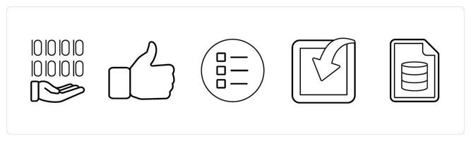 A set of 5 mix icons as programming, thumbs up, index in black line color vector