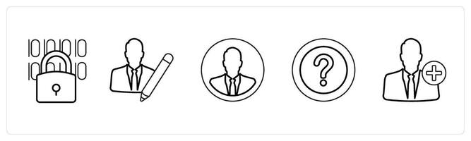 A set of 5 mix icons as programming, writer, businessman in black line color vector