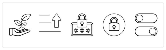 A set of 5 mix icons as ecology, text upload, security password in black line color vector