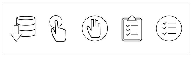 A set of 5 mix icons as download server, censor touch, raise hand in black line color vector
