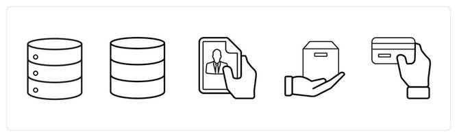 A set of 5 mix icons as database server, database server, profile document in black line color vector