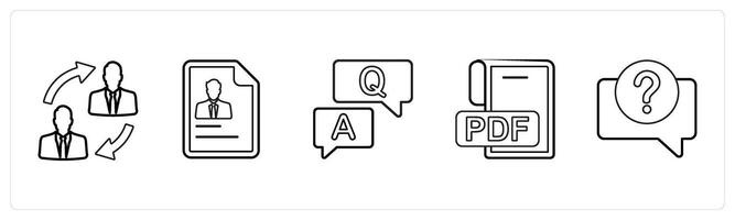 A set of 5 mix icons as duties transfer, resume, question answer in black line color vector